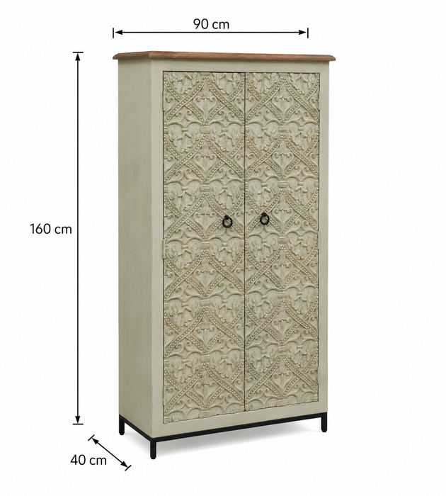 Schrank Almirah Mangoholz/Metallfuss  2 Türen royale Schnitzereien beige  90x40x160cm