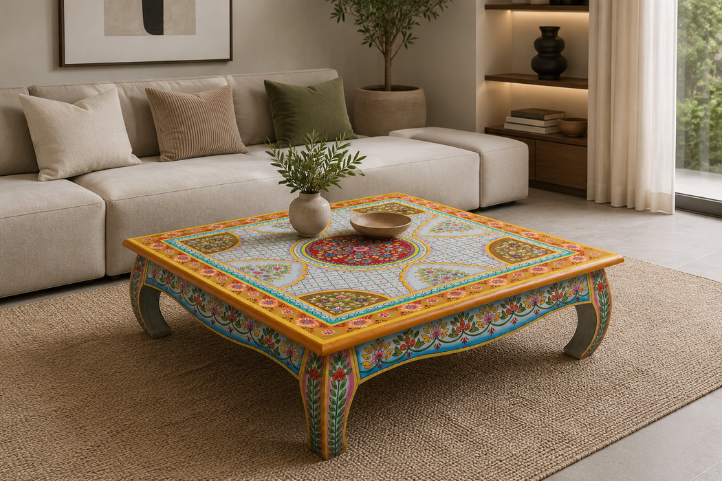 Couchtisch Mangoholz hellblau/multicolor bemalt 118x118x38cm
