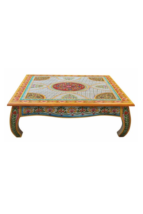 Couchtisch Mangoholz hellblau/multicolor bemalt 118x118x38cm