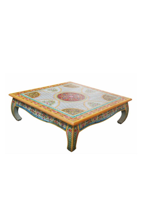Couchtisch Mangoholz hellblau/multicolor bemalt 118x118x38cm