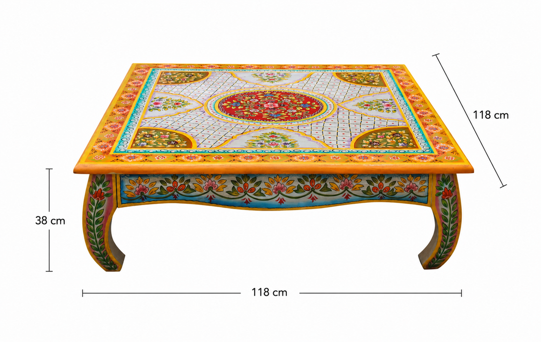 Couchtisch Mangoholz hellblau/multicolor bemalt 118x118x38cm