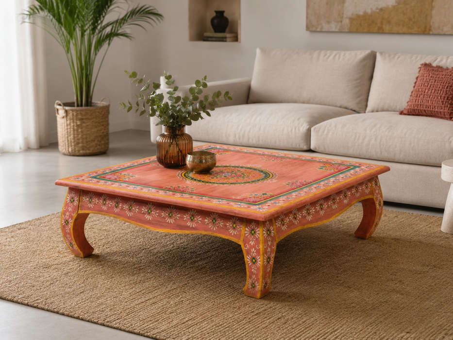 Couchtisch Mangoholz orange/multicolor bemalt 118x118x38cm