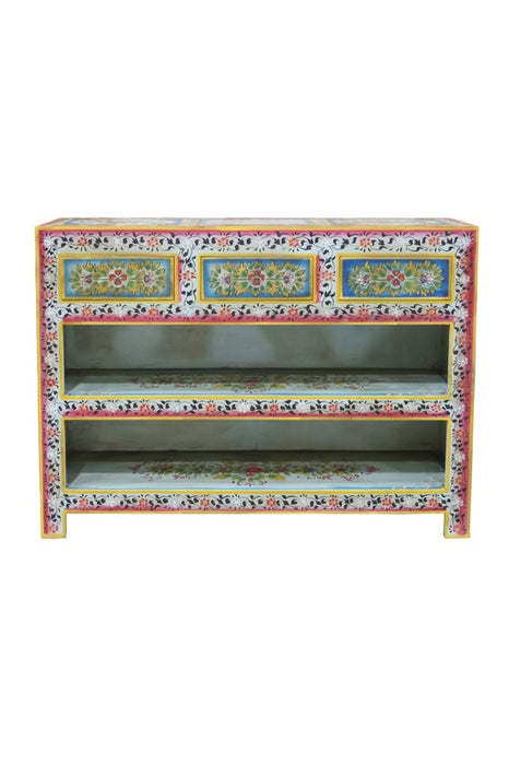 Sideboard Mangoholz hellblau/multicolor bemalt, 3 Schubladen, 2 offene Fächer 120x38x92cm