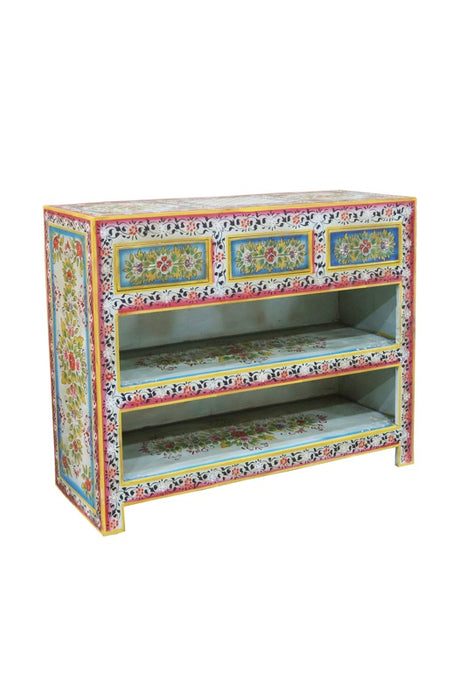 Sideboard Mangoholz hellblau/multicolor bemalt, 3 Schubladen, 2 offene Fächer 120x38x92cm