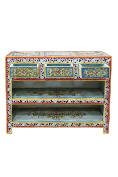 Sideboard Mangoholz hellblau/multicolor bemalt, 3 Schubladen, 2 offene Fächer 120x38x92cm