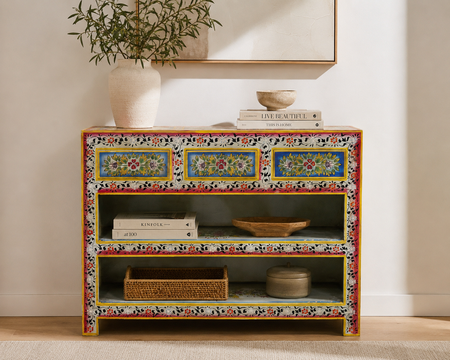 Sideboard Mangoholz hellblau/multicolor bemalt, 3 Schubladen, 2 offene Fächer 120x38x92cm