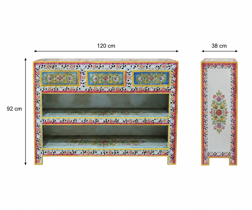 Sideboard Mangoholz hellblau/multicolor bemalt, 3 Schubladen, 2 offene Fächer 120x38x92cm