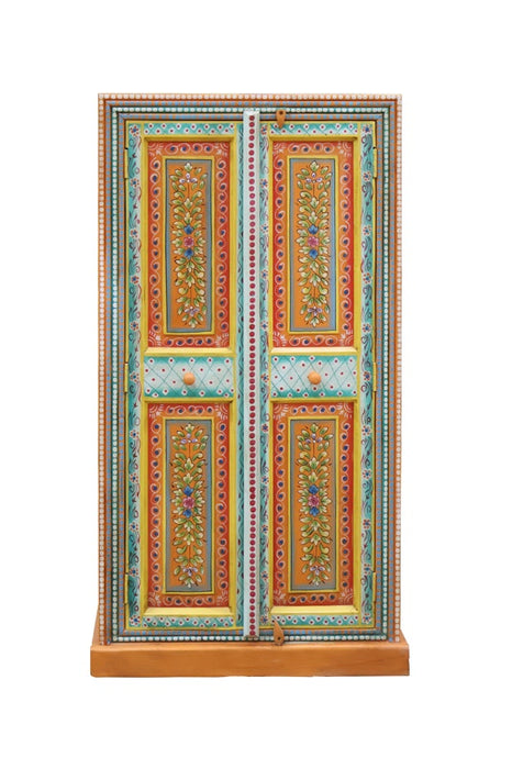 Armoire en manguier peinte bleu clair/orange/multicolore 2 portes 69x32x134cm