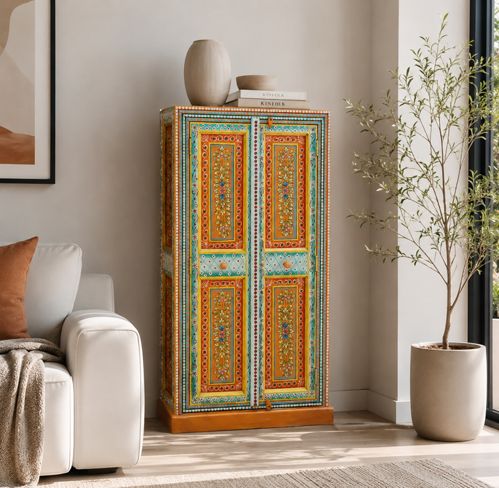 Armoire en manguier peinte bleu clair/orange/multicolore 2 portes 69x32x134cm
