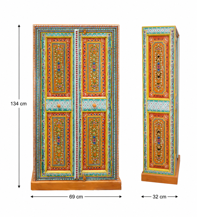 Armoire en manguier peinte bleu clair/orange/multicolore 2 portes 69x32x134cm