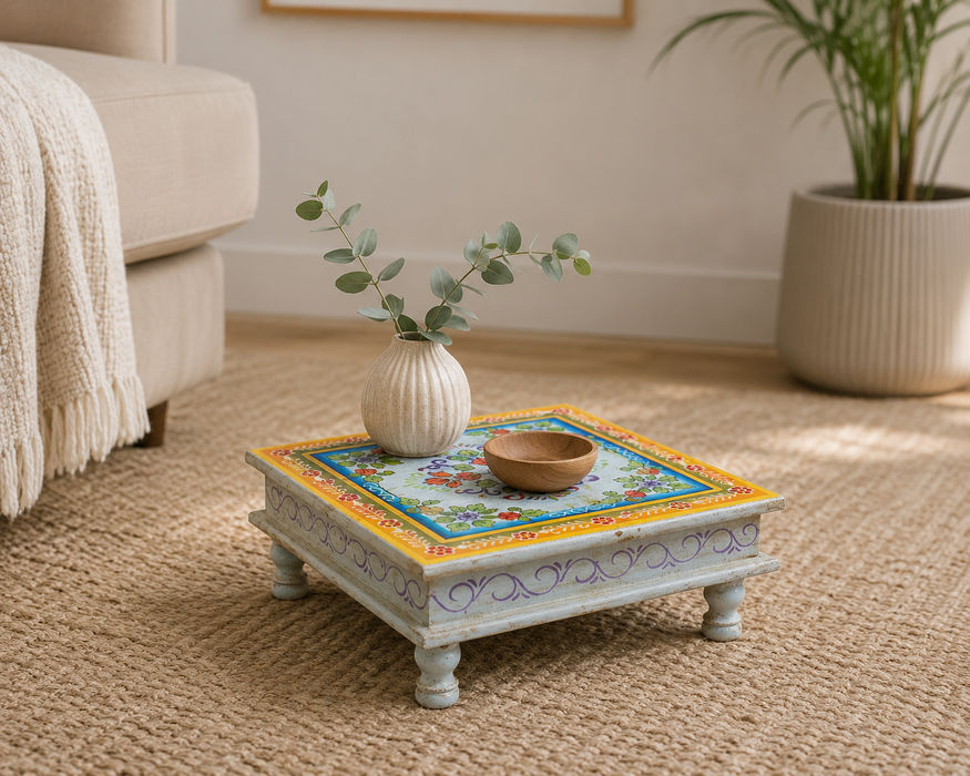 Side Table Bajot Mango Wood Painted Light Blue/Multicolor 37x37x16cm
