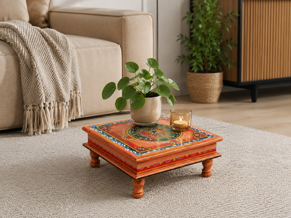 Table d'appoint Bajot en bois de manguier peint orange/multicolore 37x37x16cm