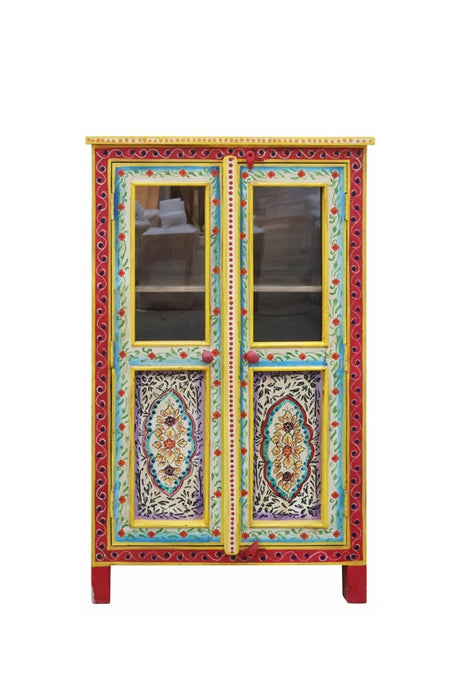 Armoire/vitrine Almirah en bois de manguier, 2 portes, peinte jaune/vert/orange 67x38x128cm