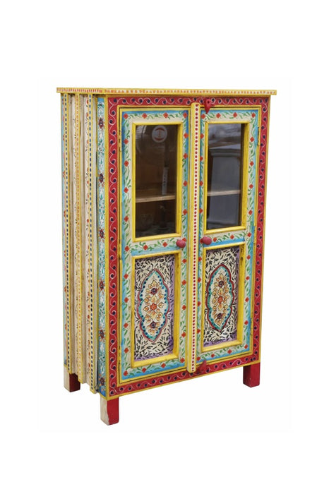 Armoire/vitrine Almirah en bois de manguier, 2 portes, peinte jaune/vert/orange 67x38x128cm