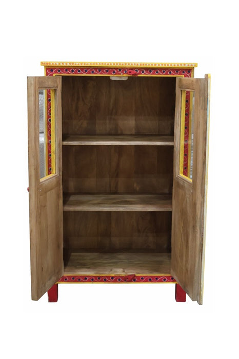 Armoire/vitrine Almirah en bois de manguier, 2 portes, peinte jaune/vert/orange 67x38x128cm