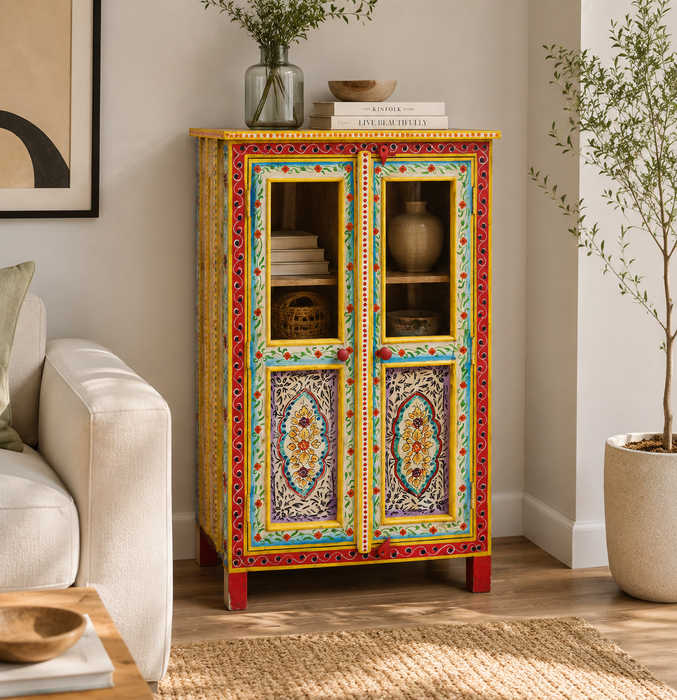 Armoire/vitrine Almirah en bois de manguier, 2 portes, peinte jaune/vert/orange 67x38x128cm