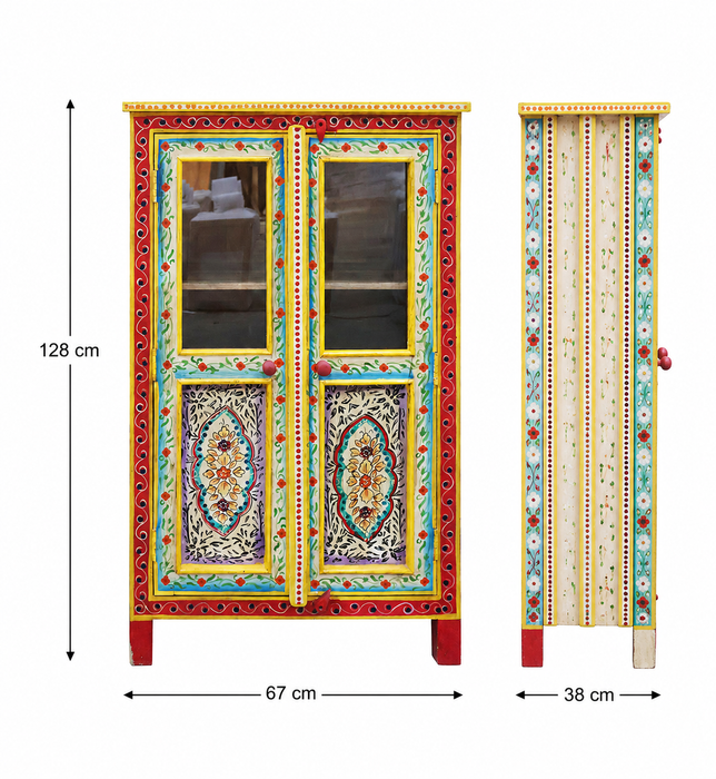 Armoire/vitrine Almirah en bois de manguier, 2 portes, peinte jaune/vert/orange 67x38x128cm