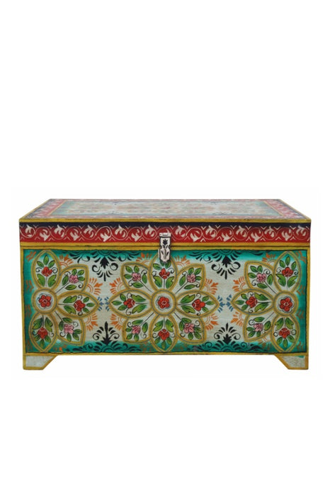 Coffre en bois de manguier peint bleu/rouge/multicolore 64x40x35cm