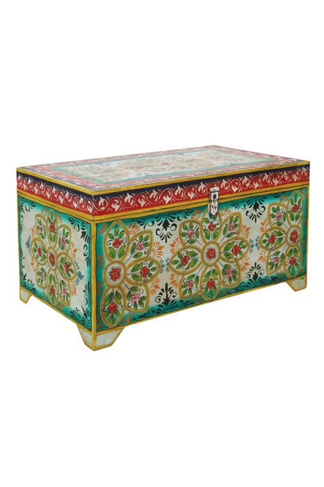 Coffre en bois de manguier peint bleu/rouge/multicolore 64x40x35cm