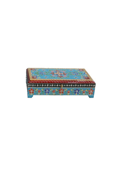 Boîte en bois de manguier, petite, peinte bleu clair/rouge/multicolore