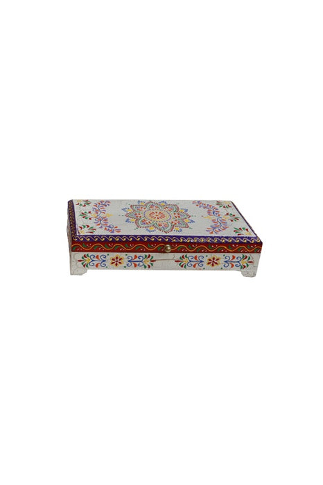 Boîte en bois de manguier petite peinte mandala beige/rouge/multicolore