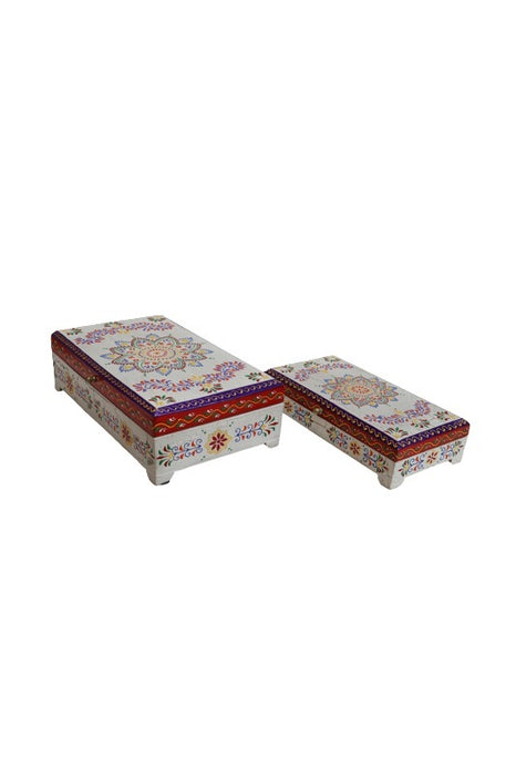 Boîte en bois de manguier petite peinte mandala beige/rouge/multicolore
