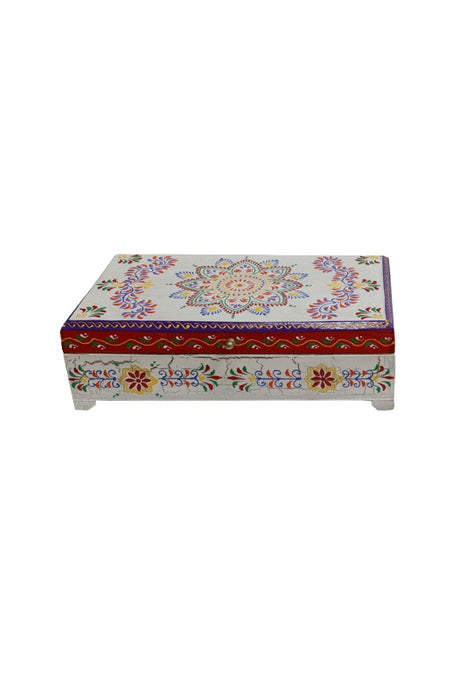 Boîte en bois de manguier grande peinte mandala beige/rouge/multicolore