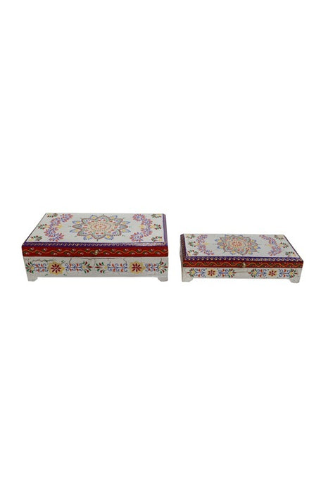 Boîte en bois de manguier grande peinte mandala beige/rouge/multicolore