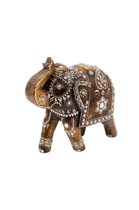 Éléphant décoratif en bois de manguier peint marron/blanc