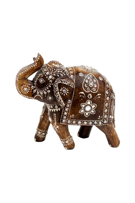 Éléphant décoratif en bois de manguier peint marron/blanc