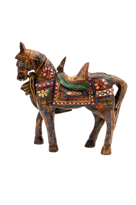 Cheval décoratif en bois de manguier peint marron/multicolore