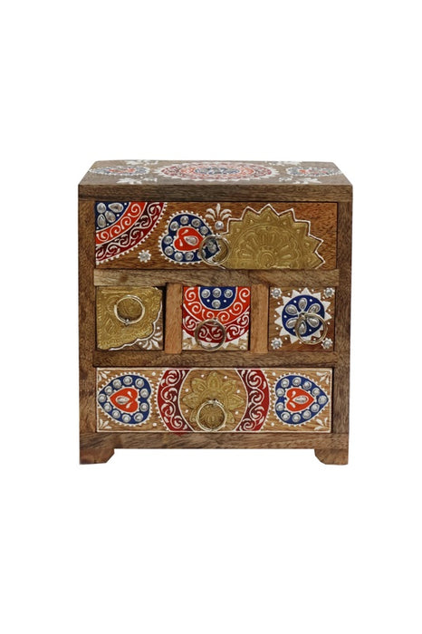 Commode déco en bois de manguier 5 tiroirs peinte marron/multicolore