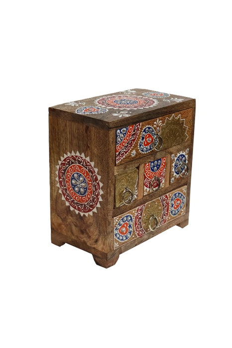 Commode déco en bois de manguier 5 tiroirs peinte marron/multicolore