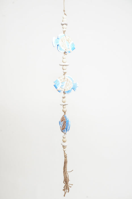 Hanging decoration with fish, blue/brown, with string tassel, 100cm