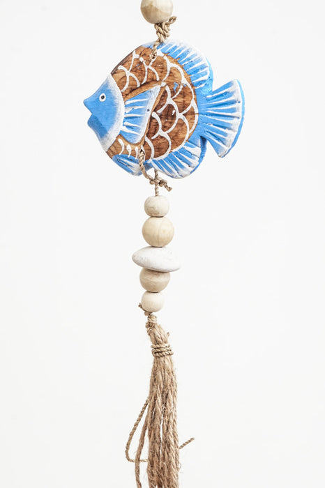 Hanging decoration with fish, blue/brown, with string tassel, 100cm