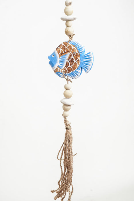 Hanging decoration with fish, blue/brown, with string tassel, 100cm