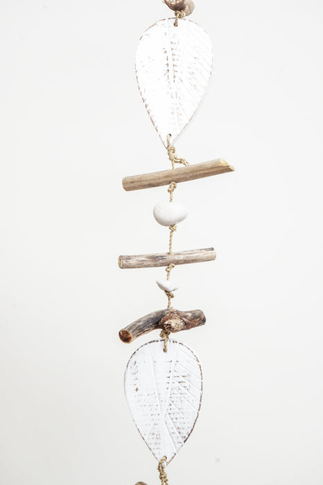 Hanging decoration with leaves, white wash, 100cm