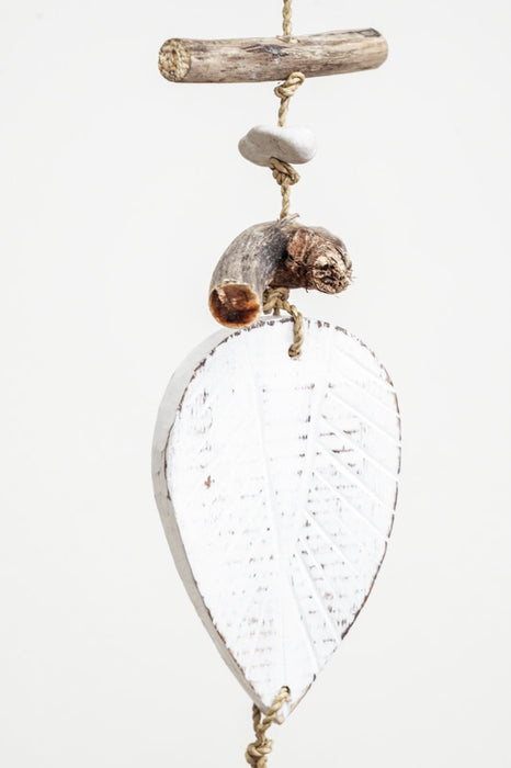 Hanging decoration with leaves, white wash, 100cm