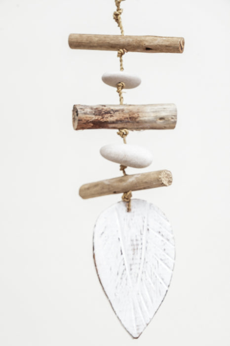 Hanging decoration with leaves, white wash, 100cm