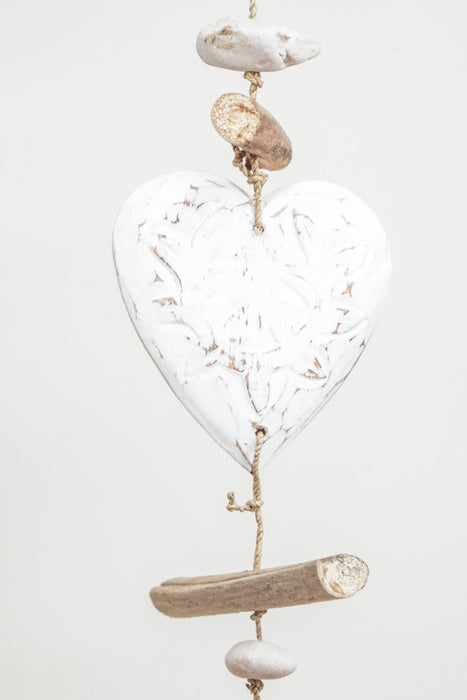 Hanging decoration with hearts and carvings, white wash, 100cm