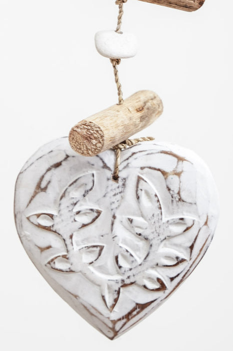 Hanging decoration with hearts and carvings, white wash, 100cm