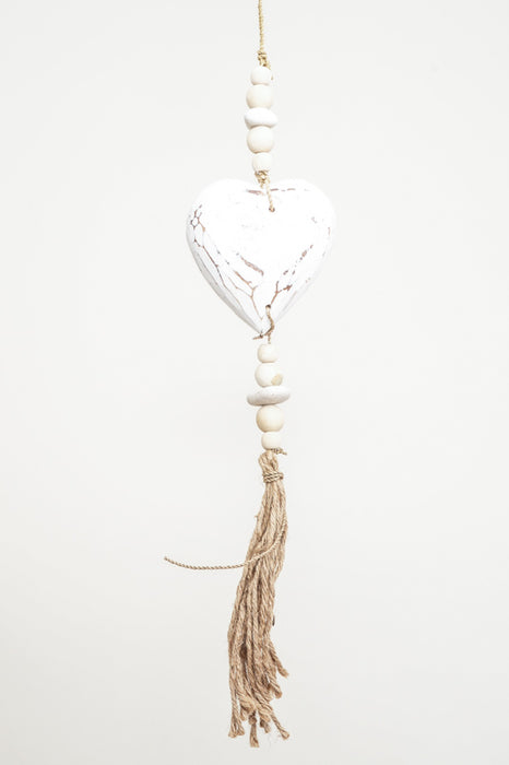Hanging decoration with heart, white wash, short with string tassel, 50cm
