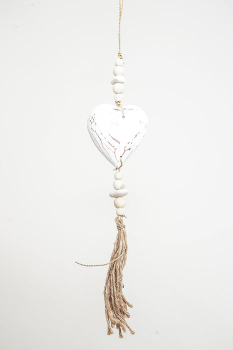 Hanging decoration with heart, white wash, short with string tassel, 50cm