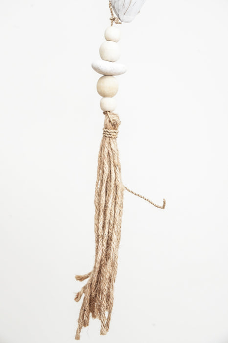 Hanging decoration with heart, white wash, short with string tassel, 50cm