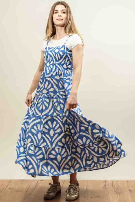Patterned dress with spaghetti straps, blue/white - One Size
