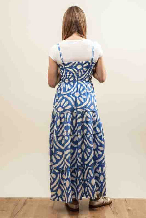 Patterned dress with spaghetti straps, blue/white - One Size