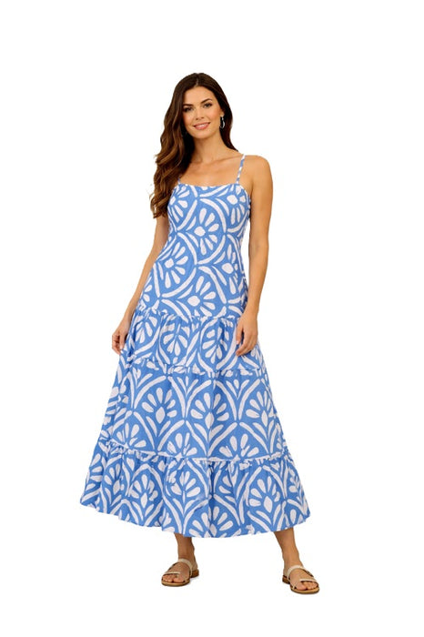 Kleid mit Spagettiträgern gemustert blau/weiss - One Size