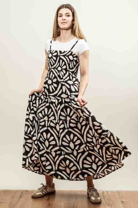 Patterned dress with spaghetti straps, black/white - One Size