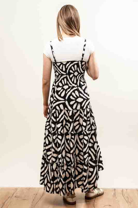 Patterned dress with spaghetti straps, black/white - One Size
