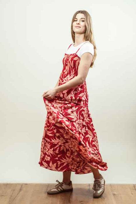 Dress with spaghetti straps, floral print, red/orange - One Size